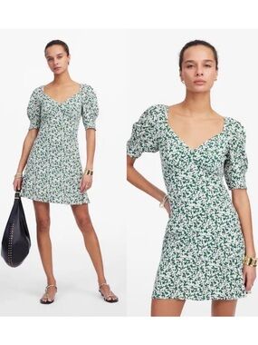 NWT Madewell Seamed V Neck Mini Dress in Abstract Leaf Verdant Green size 16